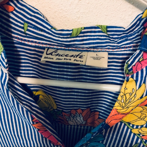 VINCENTE Popover Blouse Floral Stripe L Tunic Blue - Picture 3 of 3